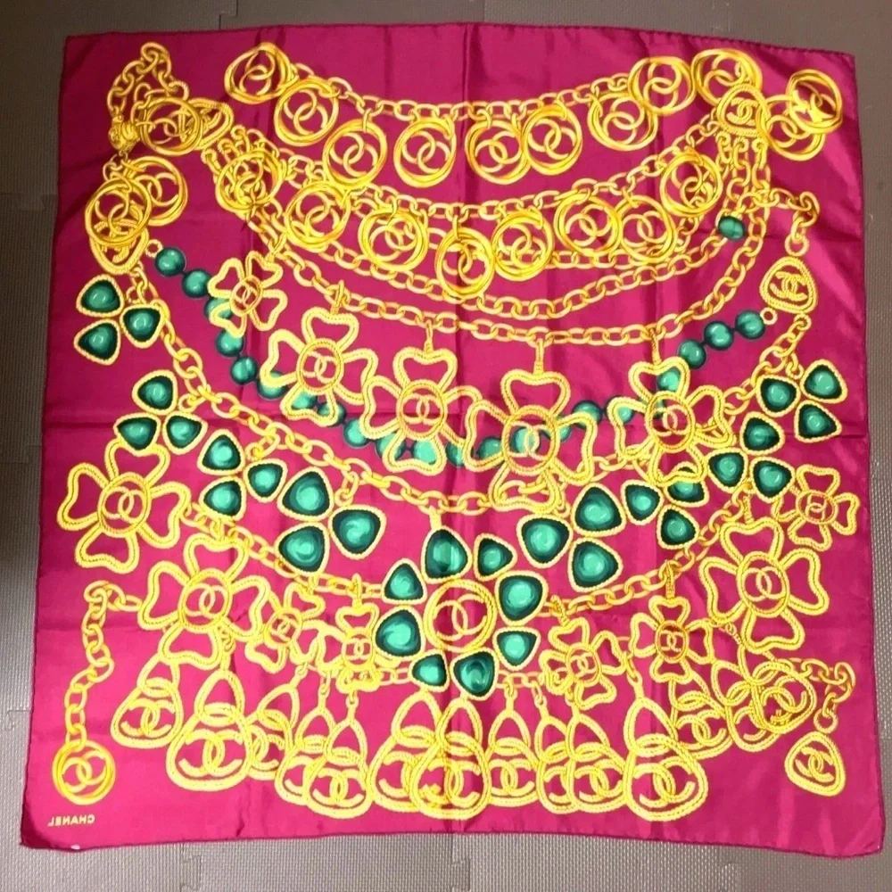 Auth Chanel gold chain and medallion design, Silk Scarf